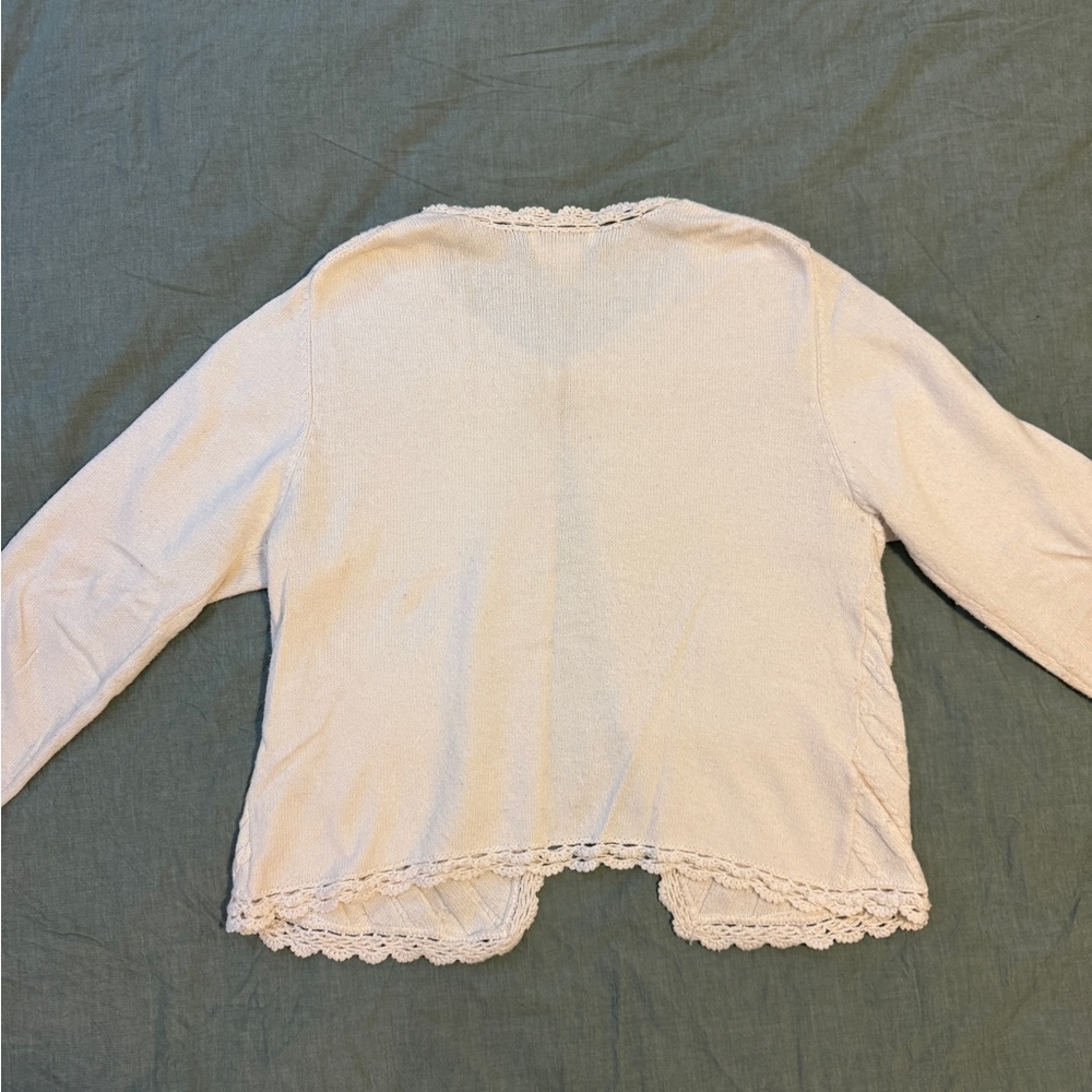 Coldwater Creek Beaded Crochet Trim Cardigan Pearl Button Cable Knit Ivory L - Picture 6 of 12
